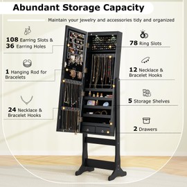 COSTWAY Standing Jewelry Cabinet, Large Storage Jewelry Armoire with Full Length Mirror, 4 Adjustable Angles & 2 LED Lights for Women, Girls (Black)