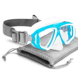 OMGear Kids Swim Goggles with Nose Cover Fabric Strap Dive Snorkel Mask for Children(4-16) Youth Snorkeling Gear Silicone Swimming Mask Anti-scratch Anti-fog Tempered Glass Lens(blue/white)