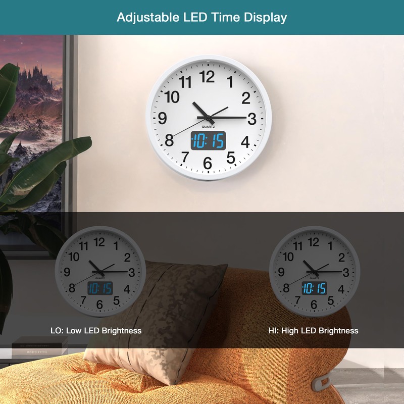 Wall Clock, 12 Inch Analog Clock with LED Digital Clock/LCD