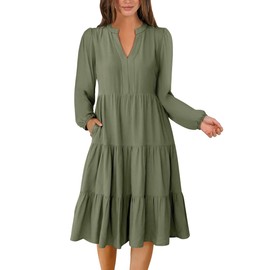 ANRABESS Long Sleeve Midi Dresses for Women V Neck 2025 Fall Fashion Casual Loose Fit Flowy Swing Tiered Vacation Boho Dress Olive Medium