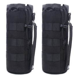 Tactical Molle Water Bottle Pouch Military Drawstring Open Top & Mesh Bottom Travel Water Bottle Holder Bag Tactical Hydration Carrier (2 Pack Black)