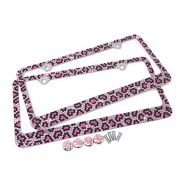 JR2 Premium 2 PCS Shining Crystal License Plate Frame+Free Crystal Cap+Screw (Pink Leaopard)