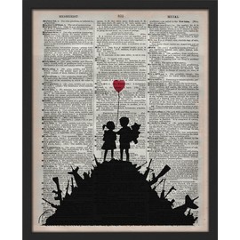 SIGNWIN Framed Kids Playing on Guns and Weapons, Banksy Wall Art, Vintage Newspaper, Old Grey Dark, Peace, Love Wall Decor Prints, Inspirational Wall Décor for Living Room, Bedroom - 12"x16" Black