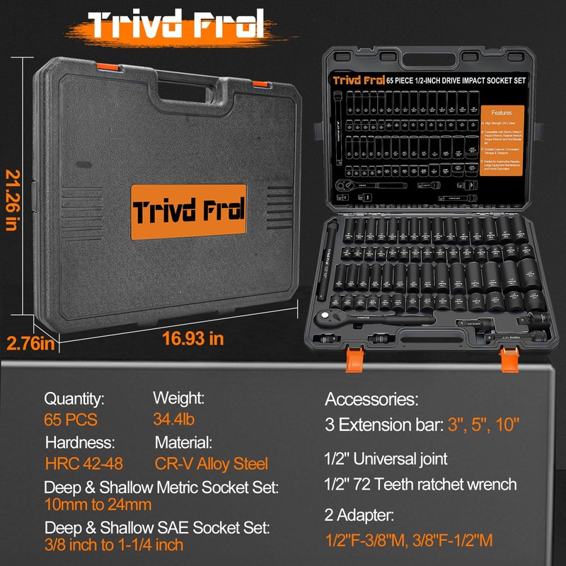 Impact Socket Wrench Set 1/2" Drive - Trivd Frol 65pcs
