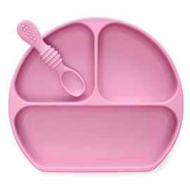 PrimaStella Unbreakable Silicone Non-Slip Baby & Toddler Plate and Spoon Feeding Set - Rosy Plum Purple