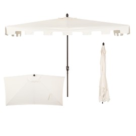 JONATHAN Y UMB1200B Sidney 9 ft. Classic MidCentury Rectangular Half Market Patio Umbrella with Crank, Wind Vent and UV Protection in Cream/White
