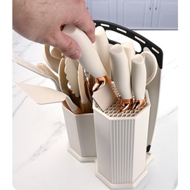 Kitchen Cooking Utensils and Knife Set with Holder Block, 19 Pieces Cooks Cutting Set 11 Pcs Silicone Cooking Utensils Sharp Stainless Steel Knives Scissors Whisk Tongs and Cutting Board (Grey)