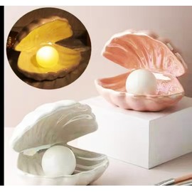 Desniltol LED Ceramic Shell Pearl Light, Portable Ocean-Inspired Night Light Tabletop Light, Streamer Fairy Shell Night Lamp for Bedside Living Room Home Decoration (Pink)