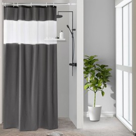 UFRIDAY Small Stall Shower Curtain 36 x 72 Inches,Dark Gray Fabric Shower Curtain with See-Through Window,Water Repellent Decorative Bathroom Curtain
