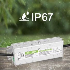 12V Power Supply 60W, 90-250V AC to 12V DC 5A Converter, IP67 Waterproof LED Driver, 12 Volt Low Voltage Transformer, Adapter with 3 Pin Plug for LED Light, Outdoor Indoor Use