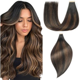 EINbeauty Tape Extensions Real Hair 20 Pieces Extensions Real Hair 45 cm 40 g Natural Black with Light Brown Tape-In Extensions Real Hair Invisible Real Hair Extensions Tape for Women (18 Inches,