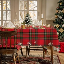 AIBIIN Christmas Checked Tablecloth for Family Dinners Red Tartan Plaid Snowflakes Christmas Waterproof Tablecloth for Dining Room Picnic Birthday Party Table Decoration 56 x 84 Inch