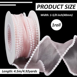 FINGERINSPIRE 4.5M Pink Sheer Wired Ribbon with Pearl Edges 40mm Pearl Edged Sheer Wire Ribbons Wired Ribbon for Bow Tie Making Wreaths Bouquet Gift Wrapping Wedding Bridal Shower Decor