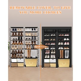 zenicham 10-Tier shoe rack with cover, Big Double Row Adjustable Shoe Rack Holds 40-50 Pairs, Large Shoe Rack for Closet, Entrance, Bedroom, Garage