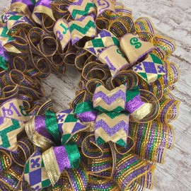 Mardi Gras Wreath | Fat Tuesday Mesh Front Door Wreath | Purple Emerald Green Gold - MG3