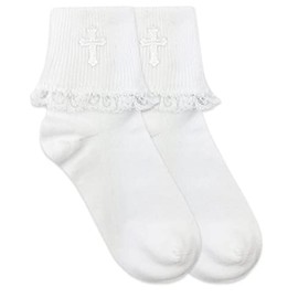 Jefferies Socks Girls First Communion Lace Trim with Cross Turn Cuff Socks 1 Pair Pack (M - USA Shoe 12-6 - 5-10 Years, White)