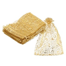 MECCANIXITY 50pcs Bolsas de Organza, 10x15cm Bolsa de Regalo Joya con Cordón Pestañas Patrón Dorada Almacenamiento Pequeño Estuche para Joyería Dulce 