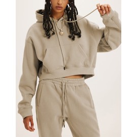 GTLIAE Sweatsuits for Women 2 Piece Set Crop Fleece Lining Hoodies Jogger Sweatpants Sweat Suits(Khaki-M)