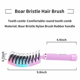 2Pcs Boar Bristle Hair Brush, Wet & Dry Hair Brushes, Curved and Vented for Wet and Dry Detangling Hair Brush, Detangling Long Curly Thick Hair for Women, Men & Kids (B)