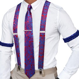 Barry.Wang Royal Blue Red Suspenders for Men Paisley X Type with Necktie Armbands and Tie Clip Set Formal Gatsby Costume Wedding Party Prom