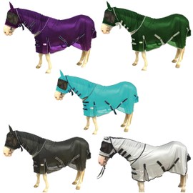 Majestic Ally Horse Fly Sheet with Neck Cover and Head Mask, Breathable UV and Bite Equine Protection, Adjustable Body Straps, Boarding or Turnout Accessory, Contoured Fit (Turquoise, 80 Inch)