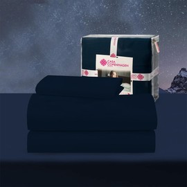CASA COPENHAGEN® Luxuria 3Pcs Twin Sheet Set- Designed in Denmark, 100% AirCool Cotton Bed Sheets, Includes 1 Flat Sheet, 1 Deep Pocket Fitted Sheet & 1 Pillowcase Set of 3- Navy Blue