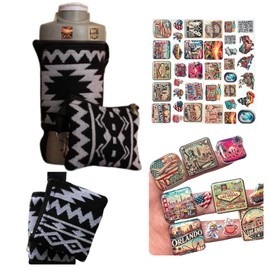 T1-NE Fabric Water Bottle Carrier – Includes Coin Pouch + 3D & Waterproof Sticker Packs, Adjustable Strap – Kit for Travel, Gym, Beach, Hiking, Walking, Biking & Daily Adventures (Black)