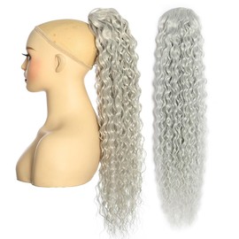 BALINGHAIR Deep Wave Ponytail Extension for Women 12 Inch Gray Curly Wavy Ponytail Hair Extensions Drawstring with Clips Short Synthetic Hairpiece for Daily and Party