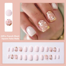 24Pcs Short False Nails with Flower Pattern - Glossy Stick on Nails Square Press on Nails with Glue - French Acrylic Glue-on nails Fake nails - Full Cover Summer Nail Women Girls Nail Art
