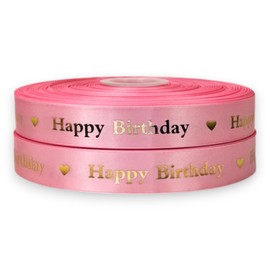 Luxury Happy Birthday Satin Ribbon 2m x 25mm for Cakes, Birthday Cakes Gift Wrap Wrapping Ribbon Cards Birthday Decorations Craft (Pink & Gold)