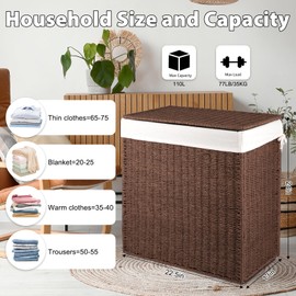 OIAHOMY Laundry Hamper with Lid, 29.1 Gal (110L) Wicker Hamper with Removable Liner Bags, Handwoven Clothes Basket with Handles, Foldable Paper Rope Basket for Laundry Room, Bedroom-Brown