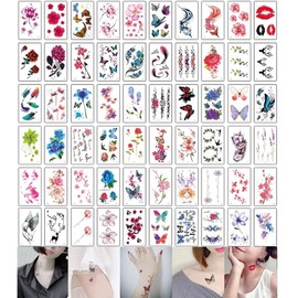 tuzuru Temporary Tattoos, Flowers, Butterfly, Roses, 60 Stickers, Waterproof, Bonus Included