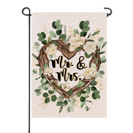 Artofy Mr. and Mrs. Just Married Small Decorative Garden Flag, Romantic Wedding Love Heart Flowers Wreath Yard Lawn Outside Decor, Engagement Anniversary Outdoor Home Decoration Double Sided 12 x 18