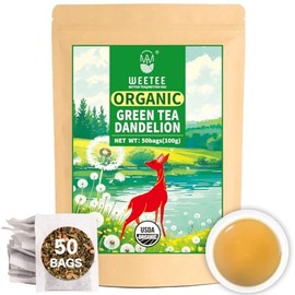 WT WEETEE Organic Green Tea Dandelion, Made of Organic Roasted Dandelion Root and Green Tea, 50 Tea Bags, Rich in Antioxidants & Liver Support
