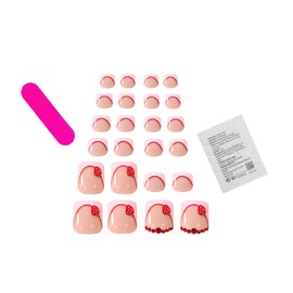 Summer Press on Toenails Short Pink French Tip Fake Toenails Square Glue on Toenails with Strawberry Rhinestone Designs Cute False Nails Pink Nail Tips Stick on Toenails Full Cover Acrylic Toe Nails