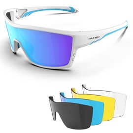 HAAYOT Polarised Cycling Glasses for Men Women Sports Sunglasses with 5 Lenses TR90 Frame MTB Glasses Mountain Bike Glasses Running Fishing Hiking Shiny White & Ice Blue