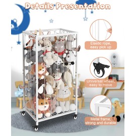 Ardier Stuffed Animal Storage Organizer with Wheels, Stuffed Animal Zoo Shelf with Elastic Rope for Nursery, Play Room, Bedroom, Kids Plush Toy Holder for Boys and Girls, White.