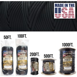 TOUGH-GRID Premium Black Paracord 550 lbs Made in USA Outdoor Survival Nylon Rope Tactical Heavy Duty Strands Parachute Cord Used by US Military Type III Mil-Spec