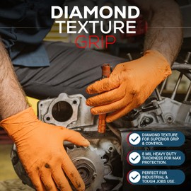 First Glove Heavy Duty Diamond Textured 8 Mil Thick Orange Nitrile Gloves - Industrial Nitrile Gloves - Latex-Free (1 Pack, Medium)