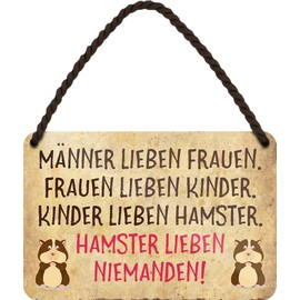 WOGEKA ART HS1033 Retro Tin Sign - Männer liebe Wrauen, Hamster liebe niemanden - Funny Saying as a Gift Idea for Birthday, Christmas as Decorative Sign 18 x 12 cm Metal Hanging Sign