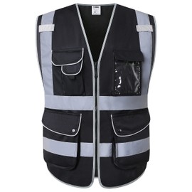 JKSafety 9 Multi-Functional Pockets Zipper Front Safety Vest With Reflective Strips Meet ANSI/ISEA Standards (150-Black, 3X-Large)