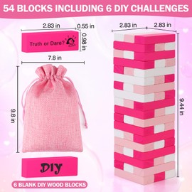 Pink Tower Game for Adults - 54pcs Wood Block Set with 6pcs DIY for Romantic Date Night Ideas and Couples Challenges - Perfect Valentine's Day Gift for Her