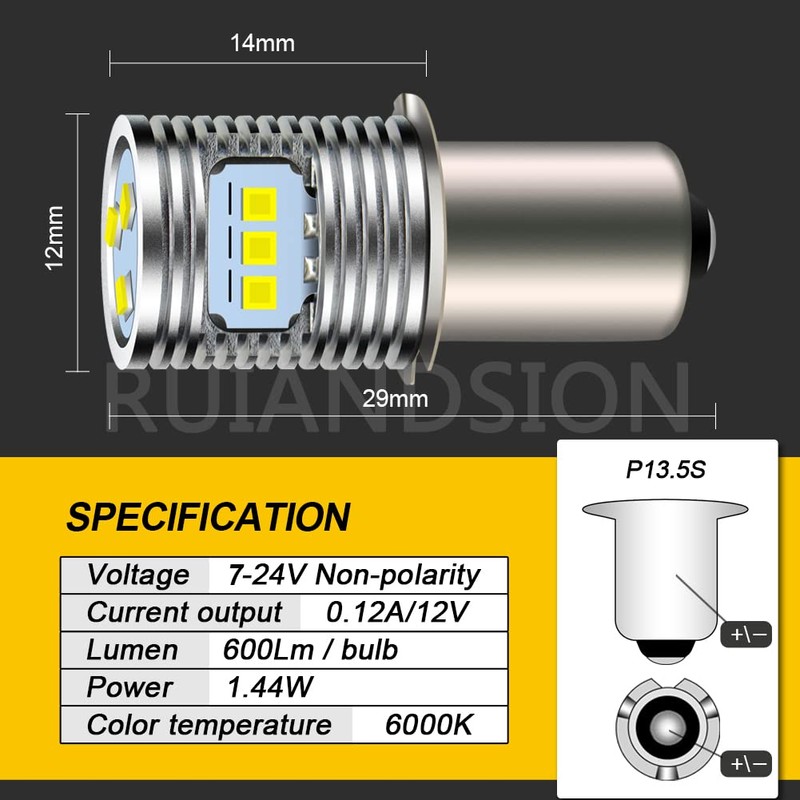 Ruiandsion P13.5S LED Flashlight Bulb Upgrade 18V 19.2V 24V 7-24