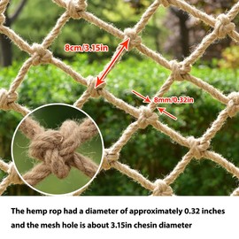 Pithsdp Natural Jute Hemp Rope Net,8mm Thick Safety Anti-Fall for Children Pet,Balcony Stairs Garden Playground Protection Net,Indoor & Outdoor Decor (Size:1M*2M(3.3FT*6.5FT))