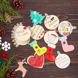 TONAK Unfinished Wood Pieces Wooden Ornaments Christmas Crafts Supplies for Kids Predrilled Blank Hearts Tree Round Wood Slices to Paint DIY Christmas Hanging Decoration 40pcs 3"