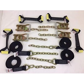 Safe 'n Secure 8 Point Heavy Duty BLACK Diamond Weave 18' Strap Kit for Rollback/Flatbed Tie Downs with 12" Chain Tail