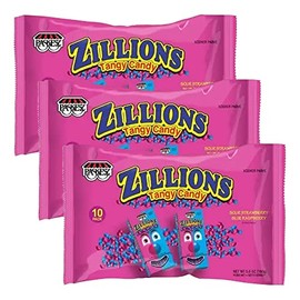 Only Kosher Candy Zillions Tangy Candy Sour Strawberry and Blue Raspberry Flavored Family Pack, 10 Pouches Per Bags, 5.6 Ounces Pack, (Pack of 3)