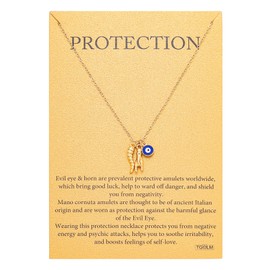 TGOLM Dainty Blue Evil Eye Charm Twisted Horn Hand Pendant Necklace for Women's Spiritual Protection Jewelry 14K Gold Plated