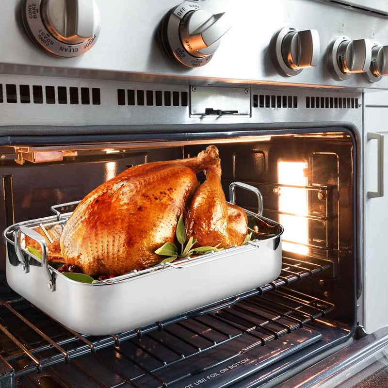 JY COOKMENT Roasting Pan with Baking Rack, 16.5 Inch Stainless