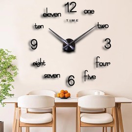 DIY 3D Wall Clock Large Frameless Watch Mirror Surface Wall Art Clock for Living Room Bedroom Office Hotel Wall Decoration (DIYL185-Black)